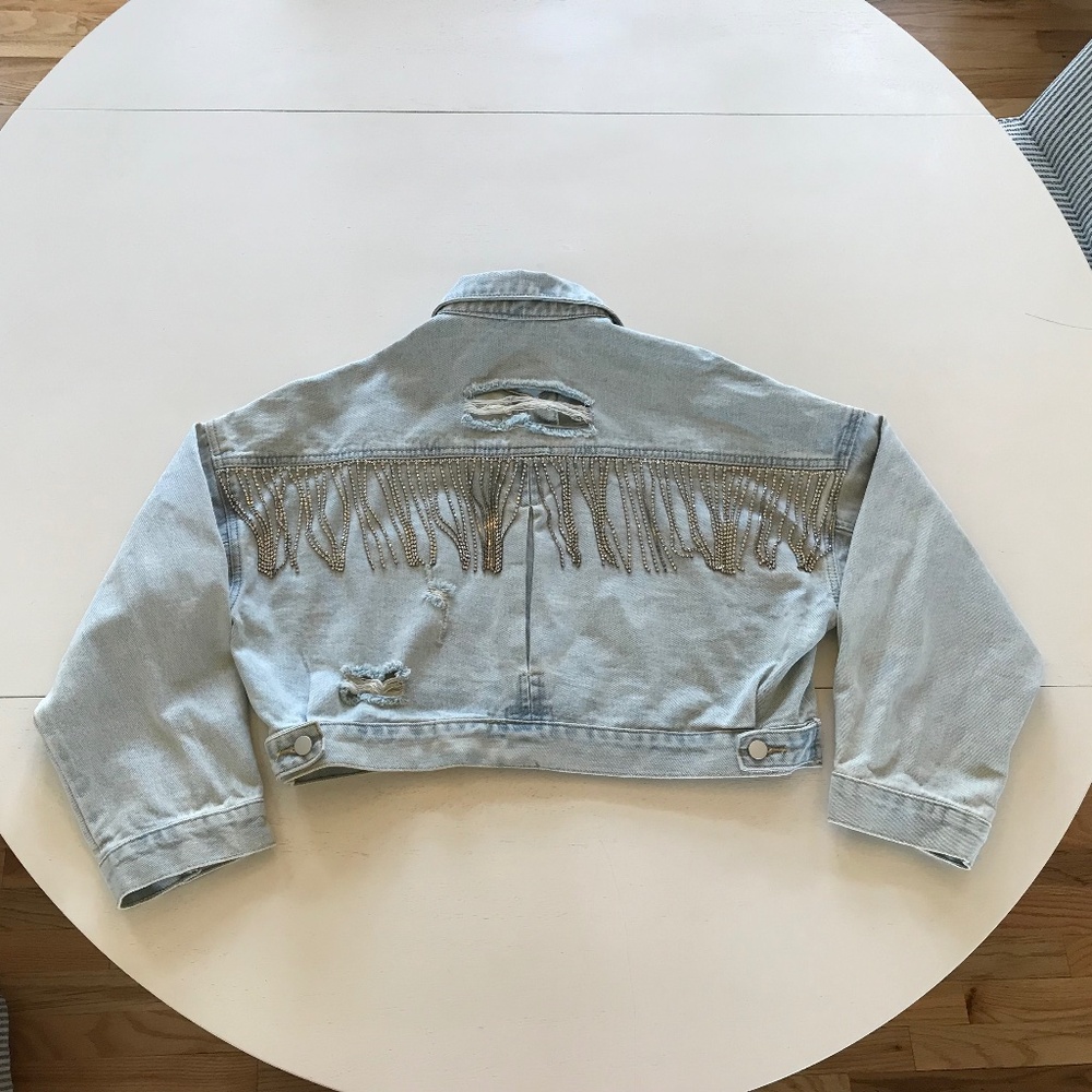 BLUE B. BUCKLE RHINESTONE FRINGE DENIM JACKET S/M LIGHT WASH CONCERT WESTERN - Picture 6 of 13